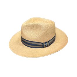 Pedro Panama Fedora by Signes. Genuine Toquilla Panama Straw. Striped Grosgrain Hat Band with Pin. Natural. Handmade in Ecuador.