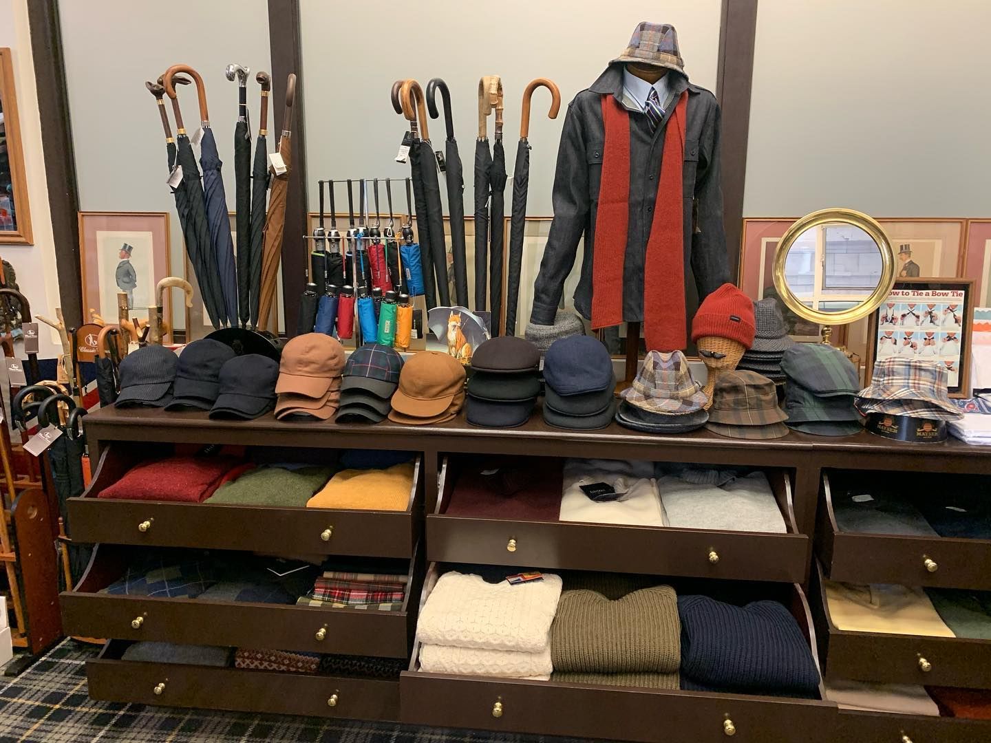 mens crushable hats, cozy sweaters, umbrellas and more