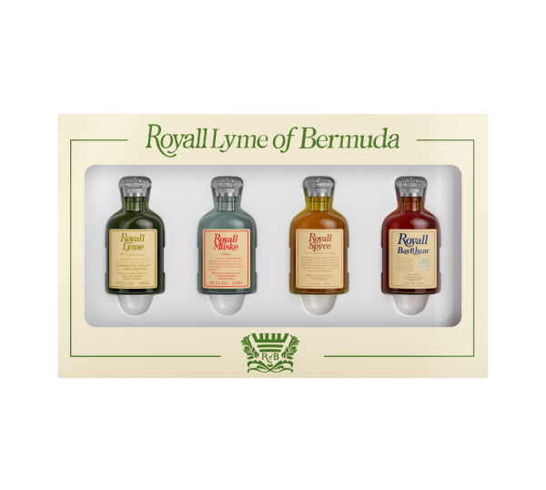 Mini Collection - Heritage by Royal Lyme of Bermuda. Four 10ml bottles: Royall Lyme, Royall Muske, Royall Spyce, and Royall BayRhum 57. Made in the USA.