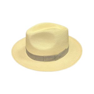 Italian Panama Trilby by Signes. Genuine Toquilla Panama Straw. Zigged Patterned Cotton Hat Band with Bow Tie. Natural. Handmade in Ecuador.