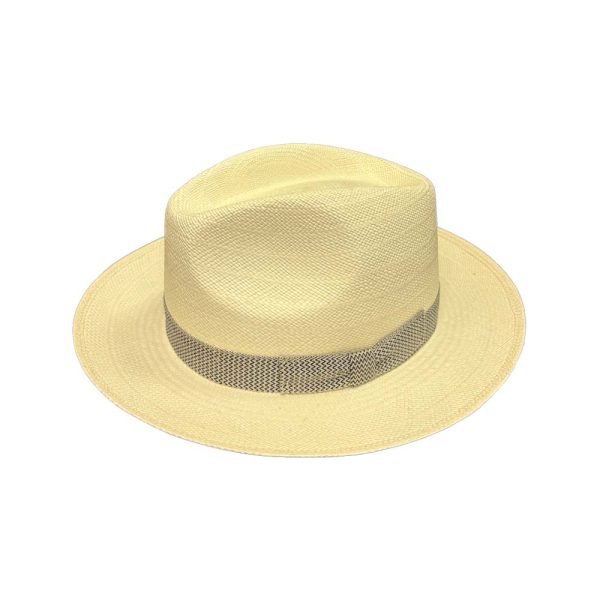 Italian Panama Trilby by Signes. Genuine Toquilla Panama Straw. Zigged Patterned Cotton Hat Band with Bow Tie. Natural. Handmade in Ecuador.